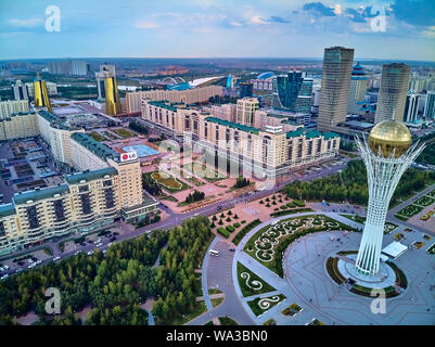 NUR-SULTAN, KAZAKHSTAN (QAZAQSTAN) - July 29, 2019: Beautiful panoramic aerial drone view to Nursultan (Astana) city center with skyscrapers and Baite Stock Photo