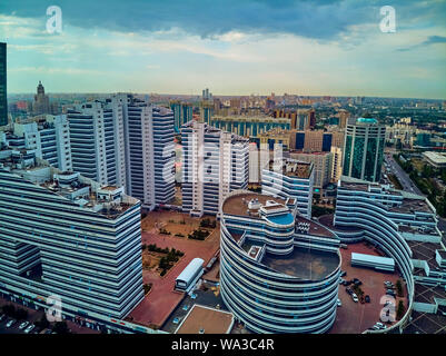 NUR-SULTAN, KAZAKHSTAN (QAZAQSTAN) - July 29, 2019: Beautiful panoramic aerial drone view to Nursultan (Astana) city center with skyscrapers and Baite Stock Photo