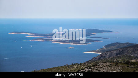 Small group of island called Pakleni otoci (Hells islands) view from the top of Hvar island, Croatia Stock Photo