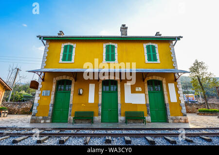 Aqua blue village scenery Stock Photo