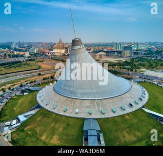 NUR-SULTAN, KAZAKHSTAN (QAZAQSTAN) - July 29, 2019: Beautiful panoramic aerial drone view to Nursultan (Astana) city center with skyscrapers and Khan Stock Photo