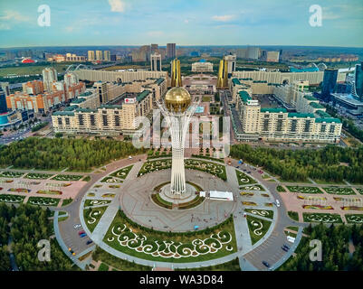 NUR-SULTAN, KAZAKHSTAN (QAZAQSTAN) - July 29, 2019: Beautiful panoramic aerial drone view to Nursultan (Astana) city center with skyscrapers and Baite Stock Photo