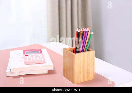 Equipped with colored brush brush pot, on the desk Stock Photo
