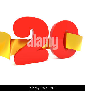 Big red 20 with a golden ribbon, 3d rendering Stock Photo