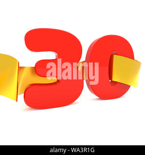 Big red 30 with a golden ribbon, 3d rendering Stock Photo