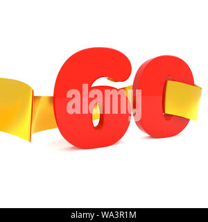 Big red 60 with a golden ribbon, 3d rendering Stock Photo