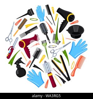 Colorful cartoon hairdresser tools concept Stock Vector