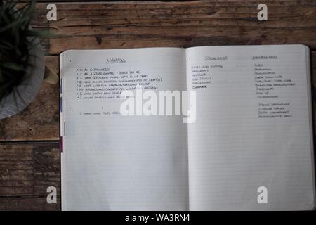Closeup shot of an opened textbook with mantras written in it - suitable for every person Stock Photo