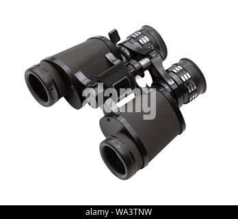 A pair of old binoculars sits isolated on a white background Stock Photo