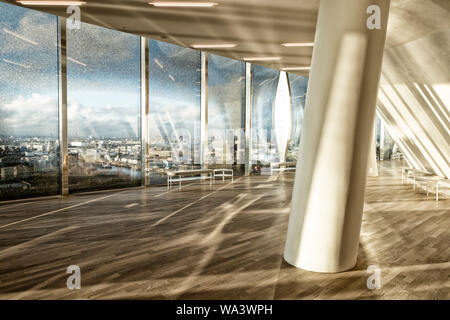 Indise view of Elbphilharmonie Hamburg with panoramic view on the Hamburg harbour through glass facade Stock Photo