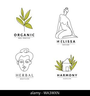 Spa salon harmony logo templates with body and nature line art. Stock Vector