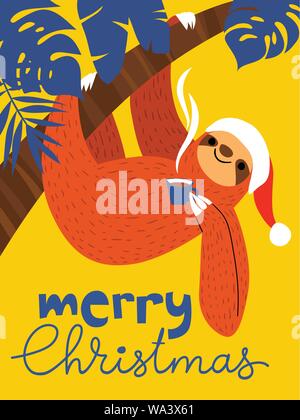 Vector Merry Christmas card with cute funny sloth Stock Vector