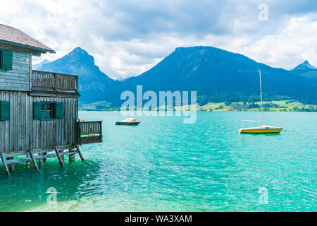 Small boats on Lake Wolfgangsee in the Salzkammergut resort region, Austria Stock Photo