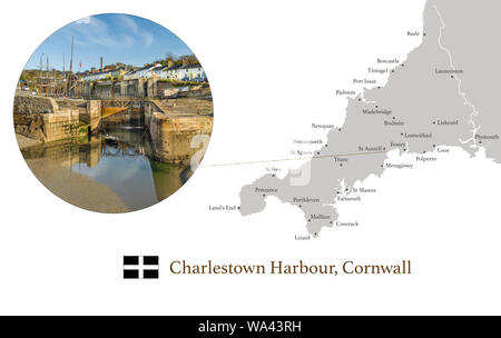 Map of Cornwall, featuring photographic image of Charlestown Harbour, and key towns in Cornwall marked on map. Stock Photo