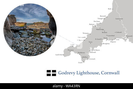 Map of Cornwall, featuring photographic image of Godrevy Lighthouse, and key towns in Cornwall marked on map. Stock Photo