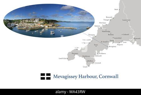 Map of Cornwall, featuring photographic image of Mevagissey Harbour, and key towns in Cornwall marked on map. Stock Photo
