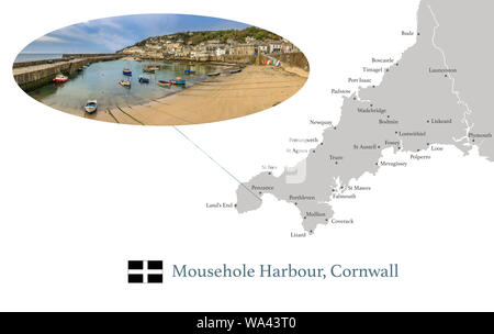 Map of Cornwall, featuring photographic image of, Mousehole Harbour, and key towns in Cornwall marked on map. Stock Photo