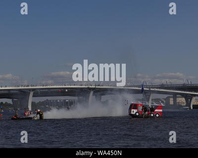 Many funny constructions took place in the annual self-made boats race in St.Petersburg, Russia Stock Photo