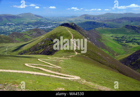 The Zig Zag Paths down to the Sail Pass Between the Wainwrights Sail & Scar Crags in the Lake District National Park, Cumbria, England, UK. Stock Photo