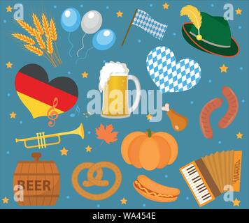 Oktoberfest icon set , flat or cartoon style. October fest in germany collection of traditional symbols, design elements with beer, food, cap Stock Vector