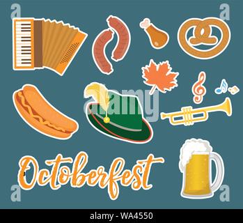 Oktoberfest sticker, flat or cartoon style. Festival in germany collection of traditional symbols, design elements with beer, food, cap. Isolated on Stock Vector