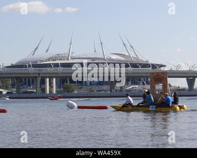 Many funny constructions took place in the annual self-made boats race in St.Petersburg, Russia Stock Photo