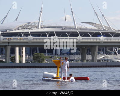 Many funny constructions took place in the annual self-made boats race in St.Petersburg, Russia Stock Photo