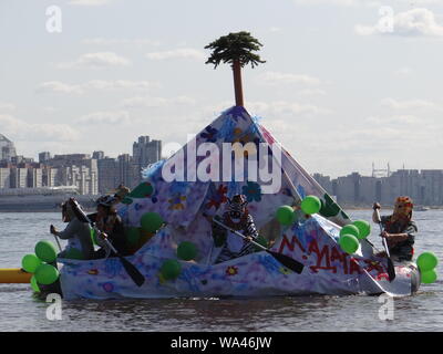 Many funny constructions took place in the annual self-made boats race in St.Petersburg, Russia Stock Photo