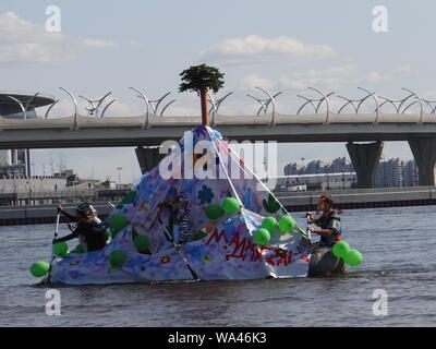 Many funny constructions took place in the annual self-made boats race in St.Petersburg, Russia Stock Photo