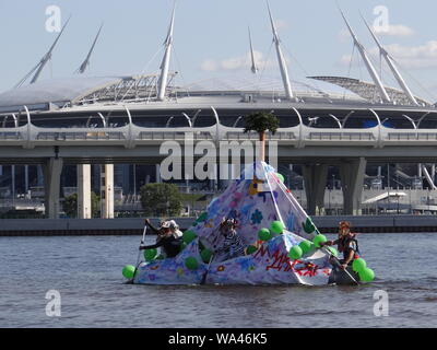 Many funny constructions took place in the annual self-made boats race in St.Petersburg, Russia Stock Photo