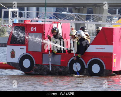 Many funny constructions took place in the annual self-made boats race in St.Petersburg, Russia Stock Photo