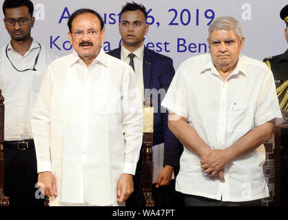 Kolkata, India. 16th Aug, 2019. Vice President of India M. Venkaiah Naidu and West Bengal Governor Jagdeep Dhankhar during the unveiling of the portrait of Atal Bihari Vajpayee on his first death anniversary. (Photo by Saikat Paul/Pacific Press) Credit: Pacific Press Agency/Alamy Live News Stock Photo