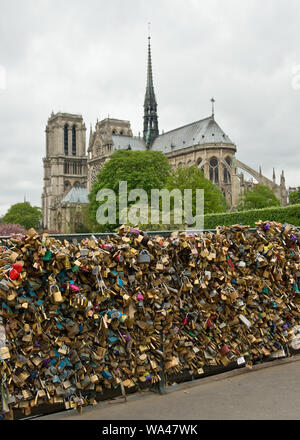 Pont de l'Archeveche bridge with love padlocks and Notre-Dame Cathedral. Paris, France Stock Photo