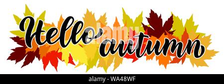 Hello autumn hand written composition with maple leaves in background Stock Vector