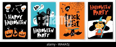 Set of vector Halloween party cards in cartoon flat kids style Stock Vector