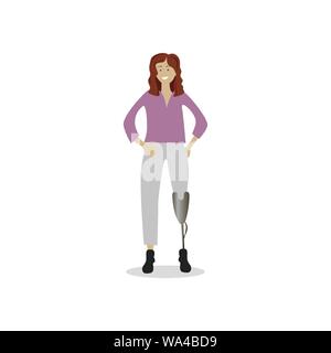 Girl with prosthetic leg isolated on white. Girl power, vector amputee leg, illustration handicapped, body part injured Stock Vector