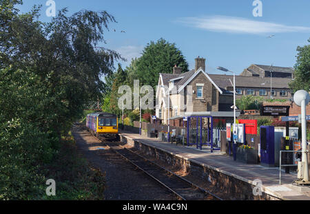 Arriva Northern Rail class 142 pacer train calling at Brierfield station on the single  track Colne line in Lancashire Stock Photo