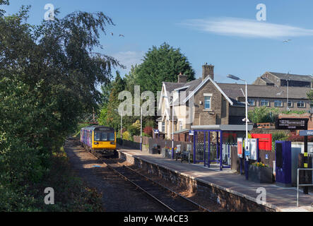 Arriva Northern Rail class 142 pacer train calling at Brierfield station on the single  track Colne line in Lancashire Stock Photo