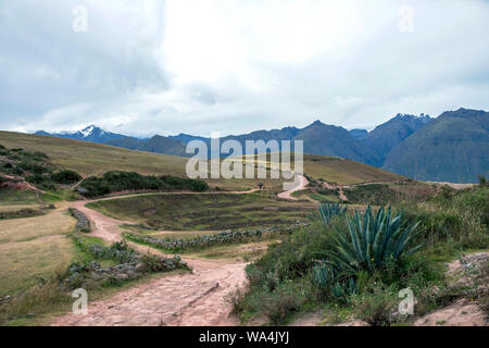 Moray archeological site, The Incan terraces contains unusual Inca ruins with several terraced circular depressions with irrigation system Stock Photo