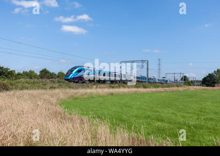First Transpennine Express CAF class 397 electric train on a test/mileage accumulation run operated by Rail Operations group. Stock Photo
