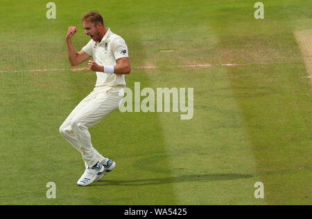 London, UK. 17th Aug, 2019. Stuart Broad of England celebrates taking the wicket of Matthew Wade of Australia during the 2nd Specsavers Ashes Test Match, at Lords Cricket Ground, London, England. Credit: ESPA/Alamy Live News Stock Photo