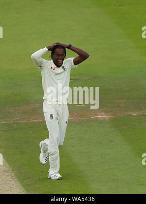 London, UK. 17th Aug, 2019. Jofra Archer of England during the 2nd Specsavers Ashes Test Match, at Lords Cricket Ground, London, England. Credit: ESPA/Alamy Live News Stock Photo