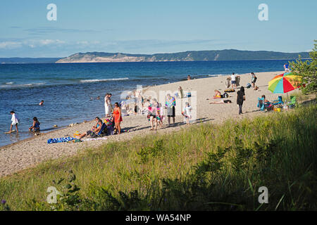 Sleeping Bear Dunes National Lakeshore beach on Lake Michigan at Platte River. Stock Photo