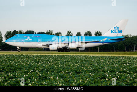 AMSTERDAM / NETHERLANDS - JULY 3, 2017: KLM Royal Dutch Airlines Boeing 747-400 PH-BFG passenger plane taxiing at Amsterdam Schipol Airport Stock Photo