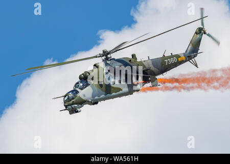 SLIAC / SLOVAKIA - AUGUST 3, 2019: Czech Air Force Mil Mi-24V Hind 7360 attack helicopter display at SIAF Slovak International Air Fest 2019 Stock Photo