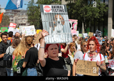 London, UK. 17th August 2019. Protestors at the Official Animal Rights March marching through London is an annual vegan march protesting the treatment of animals and organised by Surge. Credit: Paul Brown/Alamy Live News Stock Photo