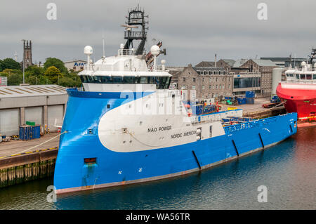 The platform supply vessel NAO Power, owned by Nordic American Offshore, in her home port of Aberdeen. Stock Photo