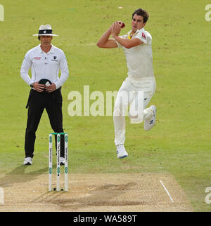 LONDON, ENGLAND. 17 AUGUST 2019: Pat Cummins of Australia bowling during the 2nd Specsavers Ashes Test Match, at Lords Cricket Ground, London, England. Stock Photo