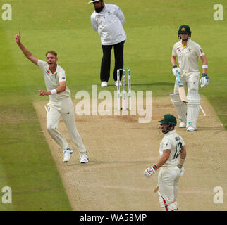 LONDON, ENGLAND. 17 AUGUST 2019: Stuart Broad of England celebrates taking the wicket of Matthew Wade of Australia during the 2nd Specsavers Ashes Test Match, at Lords Cricket Ground, London, England. Stock Photo