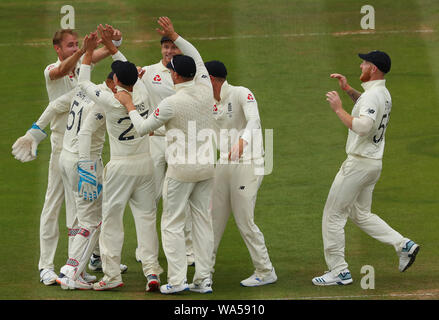 LONDON, ENGLAND. 17 AUGUST 2019: Stuart Broad of England celebrates taking the wicket of Matthew Wade of Australia during the 2nd Specsavers Ashes Test Match, at Lords Cricket Ground, London, England. Stock Photo
